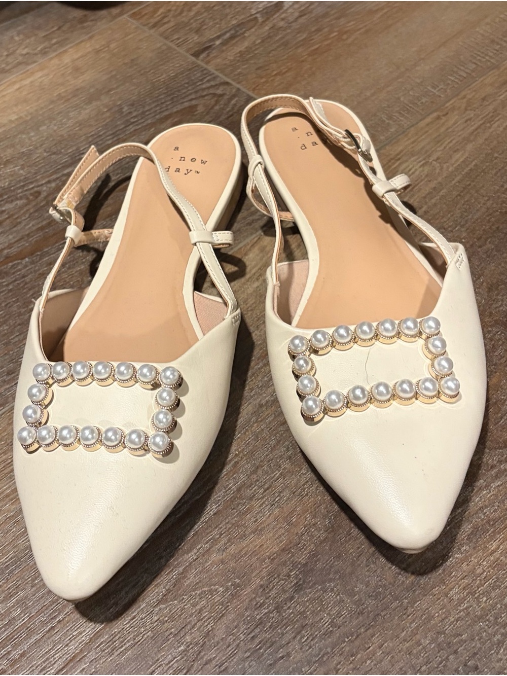 a new day Cream Pearl-Trim Pointed Slingback Flats
